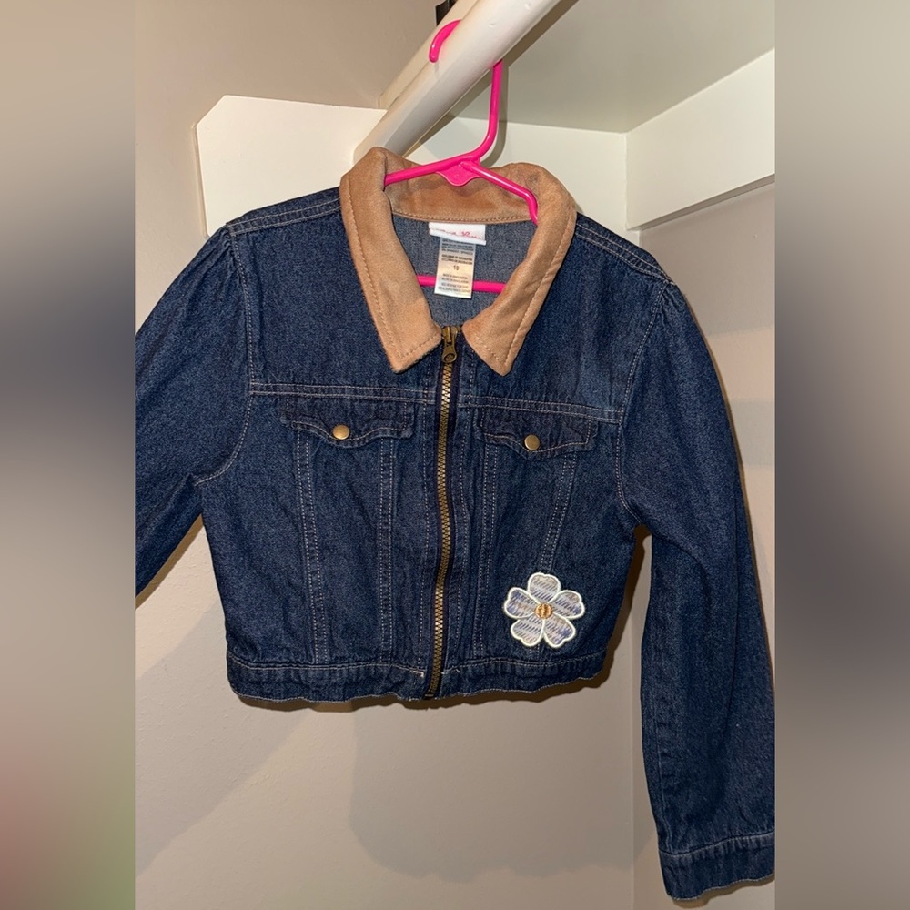 Denim Jacket with Tan Collar and Floral Patch
